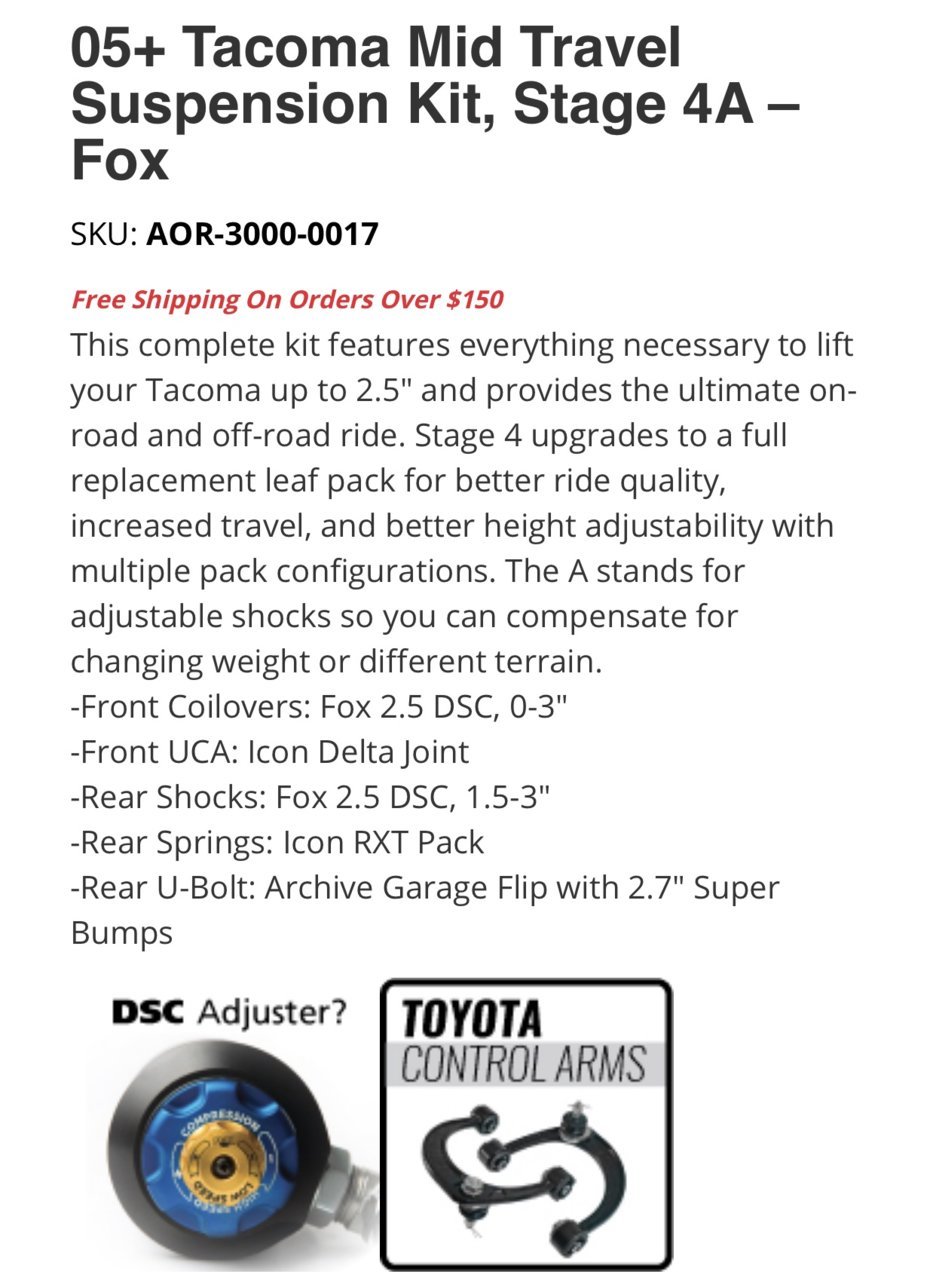 05+ Tacoma Mid Travel Suspension Kit, Stage 4A - Fox  AccuTune Off-Road.jpg