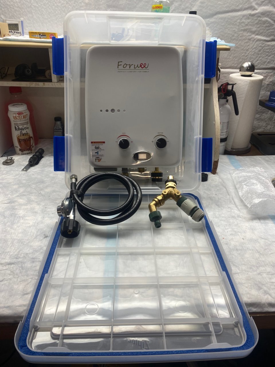 20220309 - Foruee water heater in ZipLoc 26 quart Weatherseal storage container 2.jpg