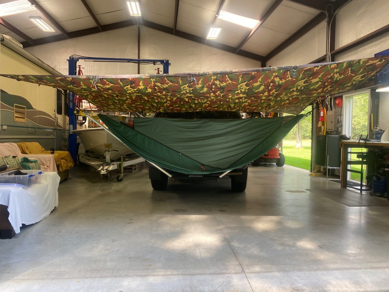 20220509 - Dream Hammock Sparrow on trailer hitch hammock stand, JRB 10x22 Univ Tarp, rear.jpg
