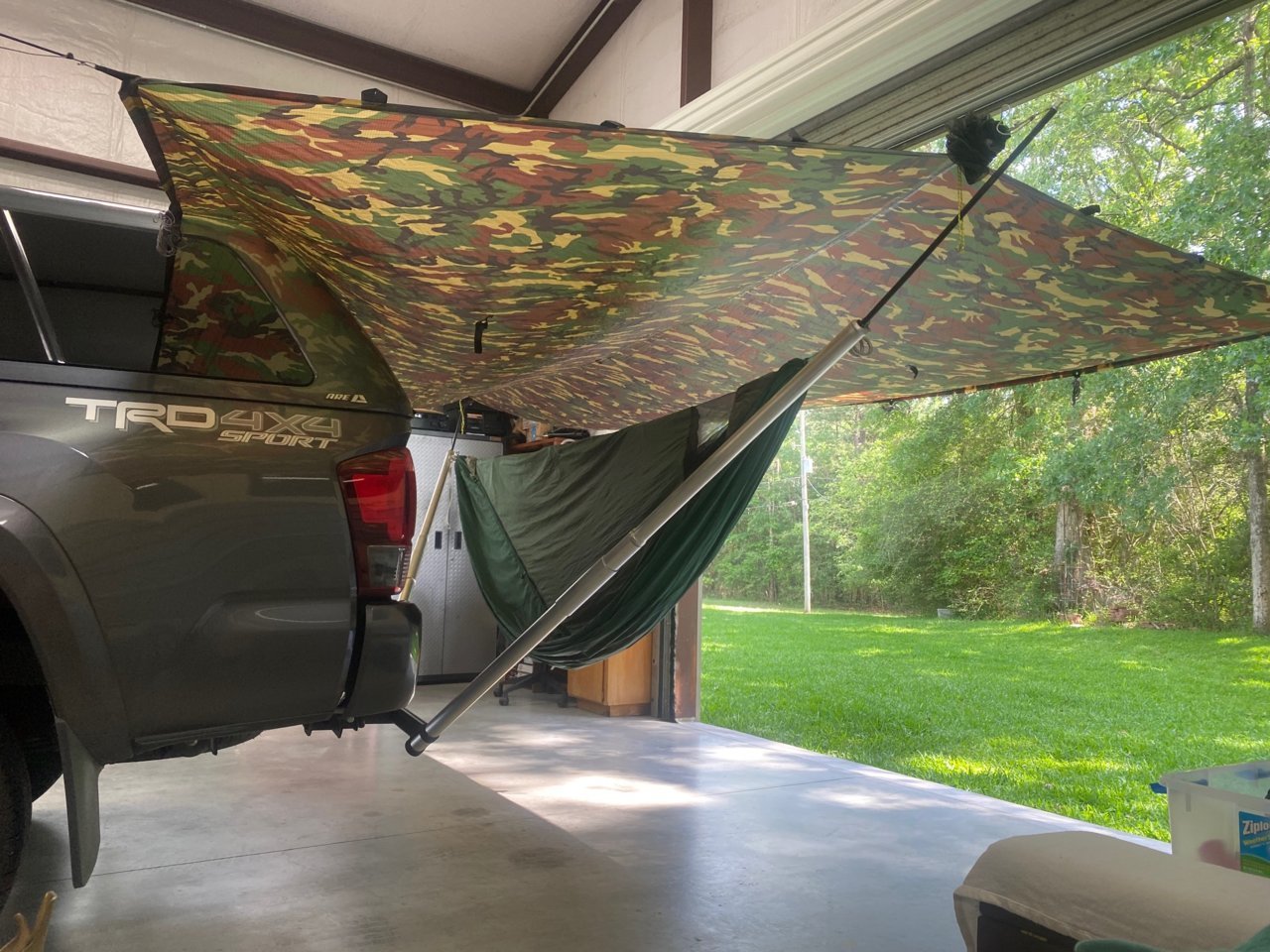 20220509 - Dream Hammock Sparrow on trailer hitch hammock stand under JRB 10x22 Tarp.jpg