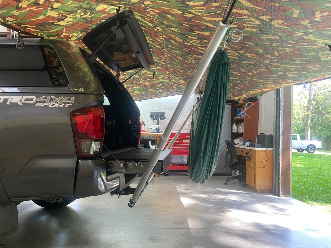 20220509 - Dream Hammock Sparrow on trailer hitch hammock stand under JRB 10x22 Univ Tarp 2.jpg