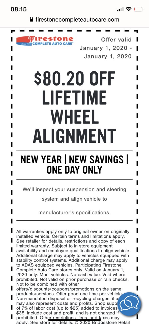 Firestone lifetime alignment 1/1/20 only World