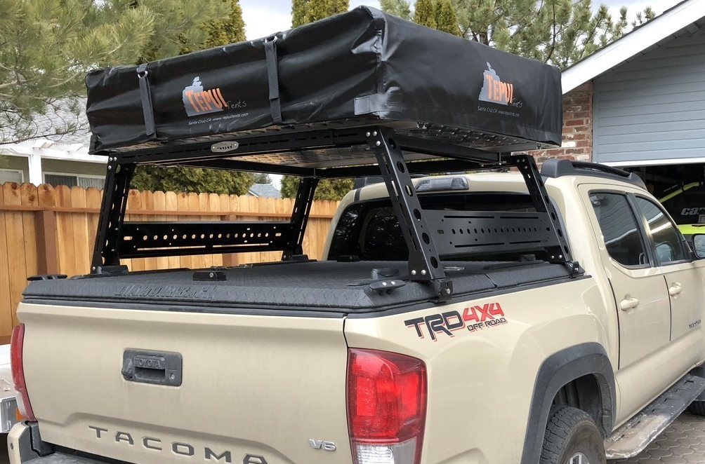 Photos of Tacomas with bed rack mounted HARD shell roof top tents