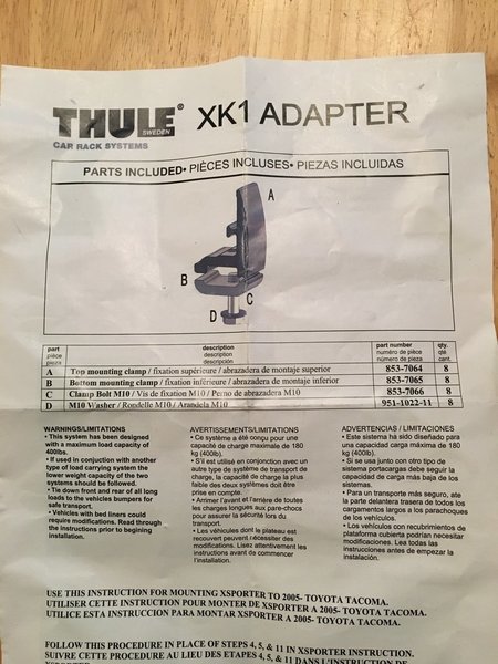 Withdrawn from sale Thule XK1 bed rail adapter kit Tacoma World