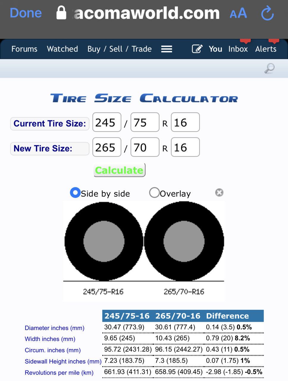 Tire Size P265 70 vs P245 75 mix up at the shop | Tacoma World