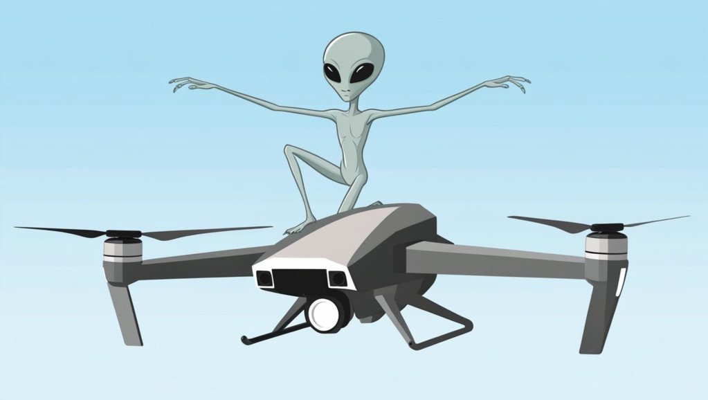 Illustrate a grey slender alien riding on top of a drone in the sky._20241215_181346_0000.jpg
