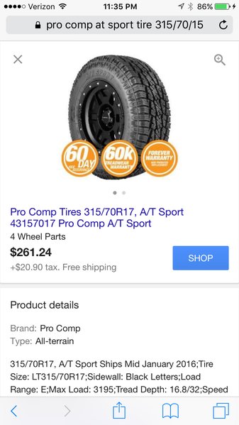 Pro Comp AT Sport Tires / 60 day trial / 60k tread warranty ...