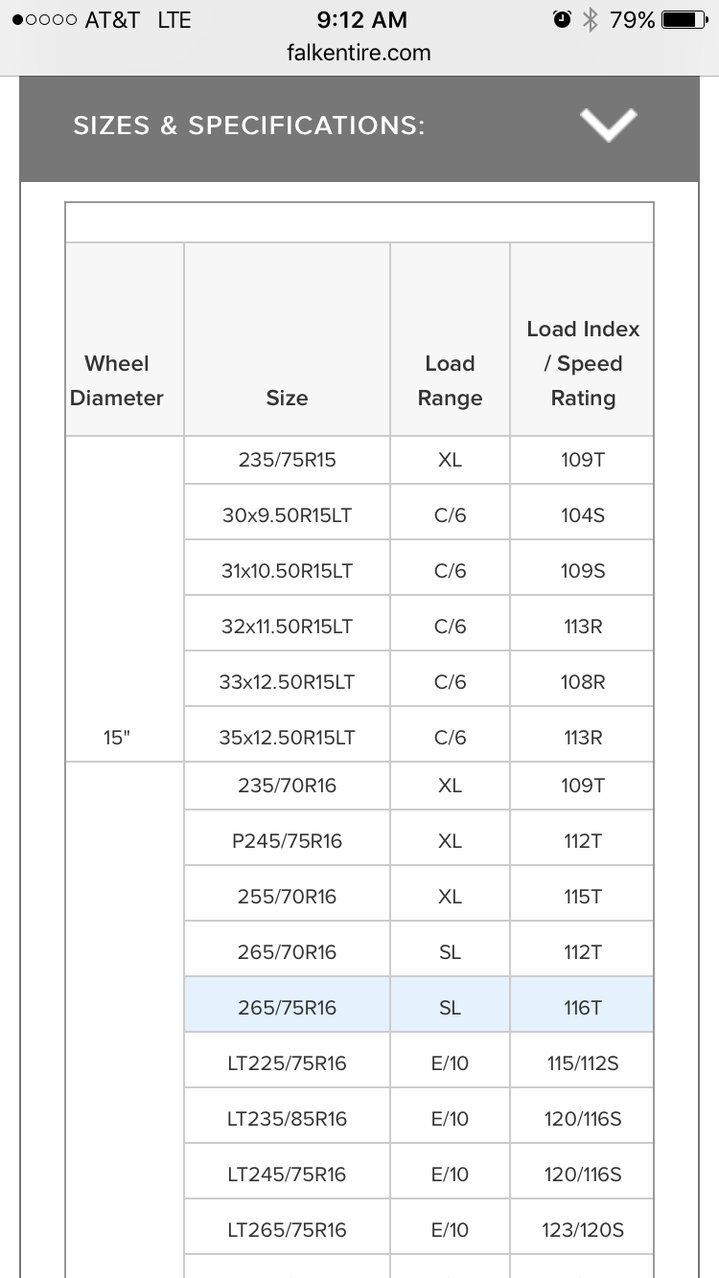 Falken Wildpeak At3w Size Chart