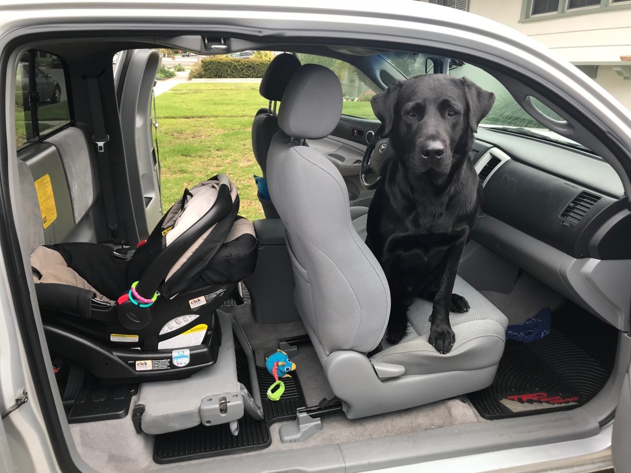 Front facing car seat in single cab outlet truck