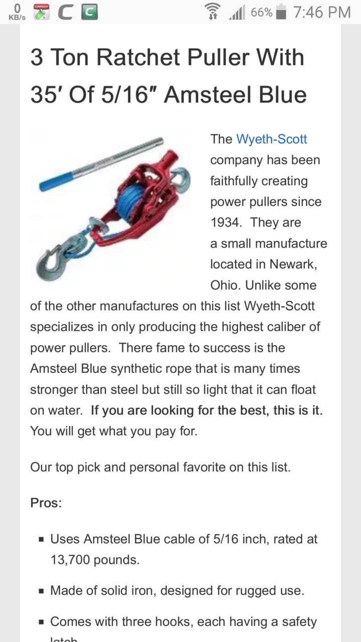 Wyeth-Scott Ratchet Puller (3 Ton) with 35' Amsteel Rope, Blue