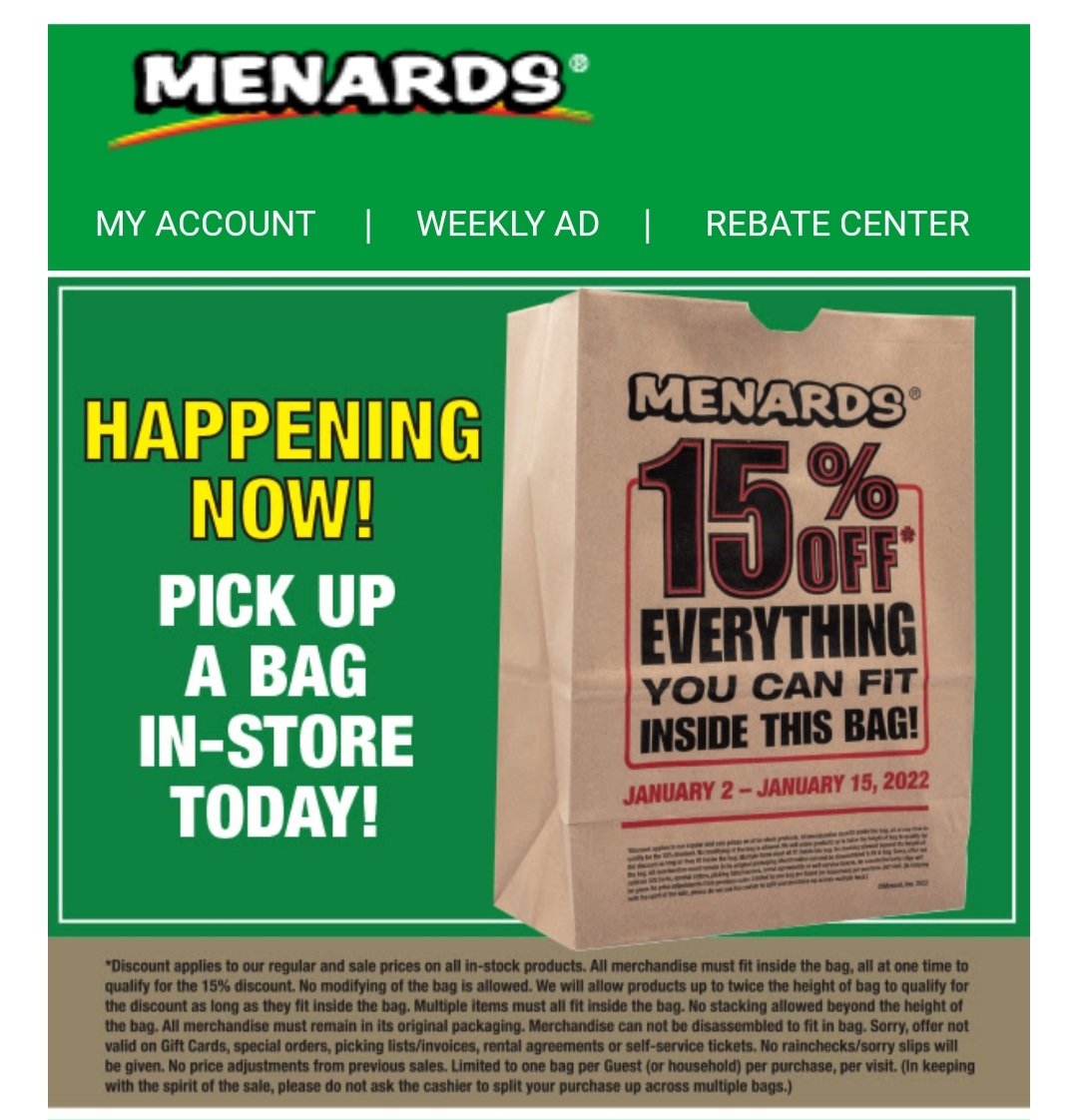 Menards paper bag 15% off sale