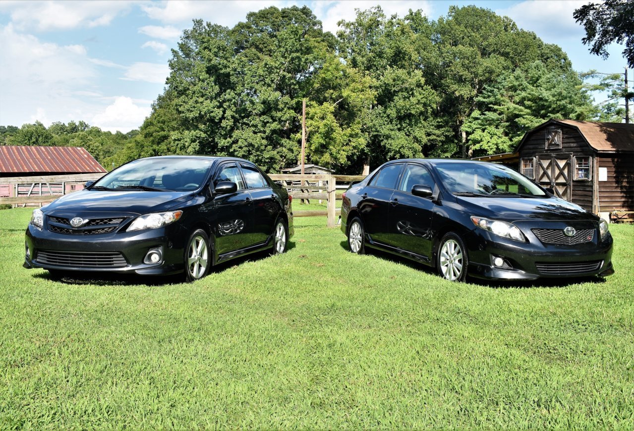 Sister Corollas 2011 left, 2010 right (2).jpg