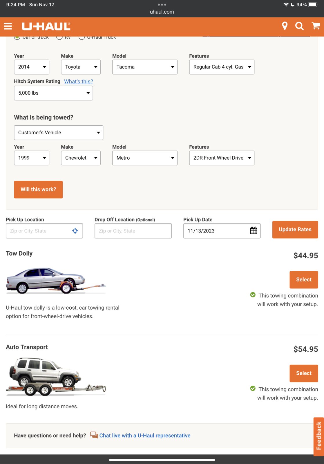Towing rates - Camas, WA on 11132023  U-Haul.png