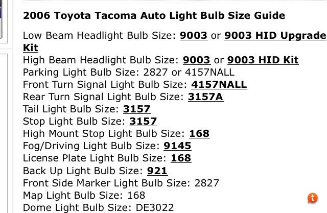 2013 Toyota Tacoma Bulb Size Chart