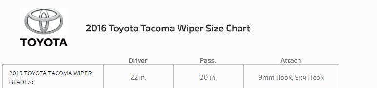 toyota tacoma windshield wiper size