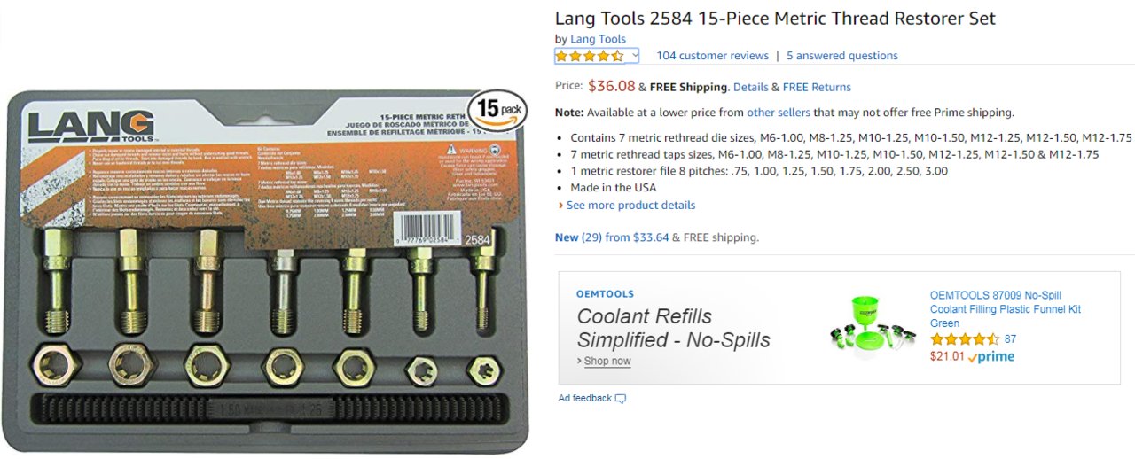 Lang Tools 2584 15-Piece Metric Thread Restorer Set, Black , Gray