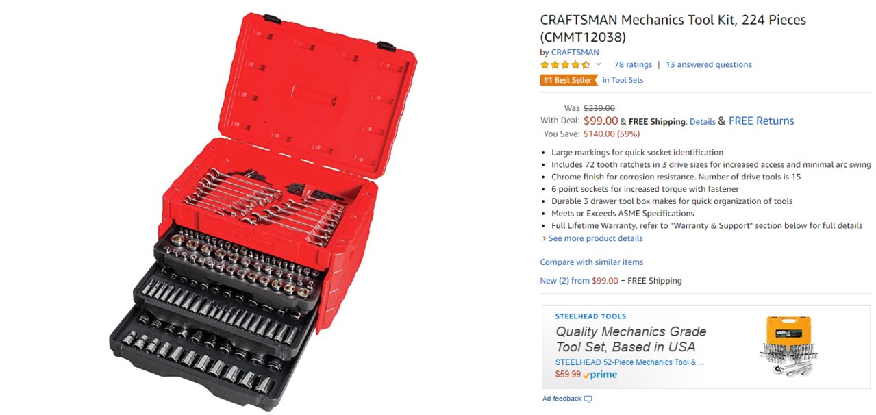 ディスカウント eネットストアーCRAFTSMAN Mechanics Tool Set, SAE Metric, 189-Piece  CMMT12034 並行輸入品