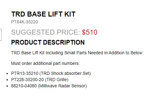 Genuine Toyota 2 inch TRD Lift Kit 18-23 Tacoma PT84K-35221