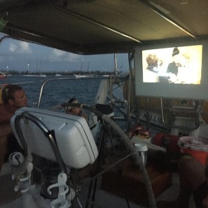 We watch movies on the boat