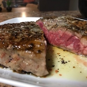 Salt and pepper seasoned, brought to room temp. 30 seconds on each side in an iron skillet. 2 minutes on each side in the oven at 400 degrees. Covered