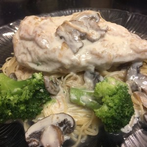 Champagne chicken with broccoli and mushrooms over angel hair. :hungry: