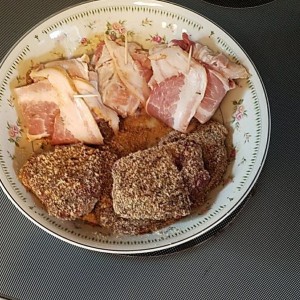 Breaded venison tenderloin medallions. Had a few extra slices of bacon laying around.....
