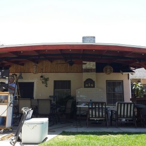 Cool little arch patio almost done. Cutting and polishing bamboo is such a PITA! Just about time to open up the bar on the right though! :D