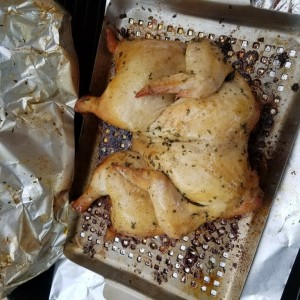 First try on charcoal. Butter herb basted spatchcock chickie. It's guuuuuud.