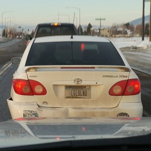 Plate read LGLBLND. Not sure if it meant LEGALLY BLONDE or LEGALLY BLIND. Either way I kept my distance O_o
