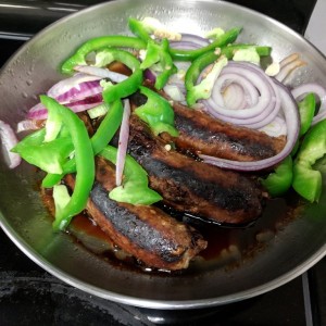 Cherry/pork brats w/onions and peppers.