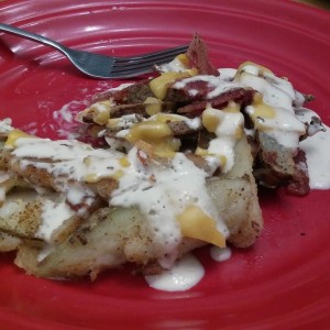 Faux twice fried french fries with chedder, bacon and homemade ranch
