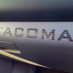 Carbon fiber "Tacoma" decal close up