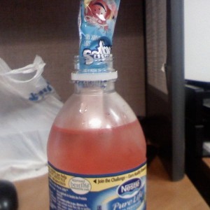 take small sip out of water bottle and pour in koolaid