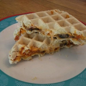 quick pizza dough into the waffle iron then topped with shrooms, chicken, sauce and mozz and sandwhiched and another round of waffle iron again