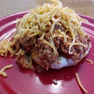 South meet farther south. Chorizo and eggs on a scratch biscuit bottom topped with chedder
