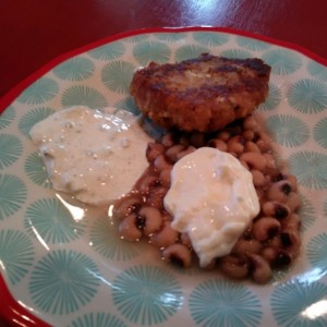 Hoemade tarter sauce and black eyed peas with mayo and pepper sauce