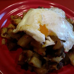 Leftover bacon cheese and ranch potatoes and a little runny egg