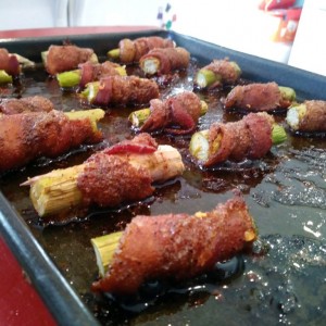 Asparagus ends wrapped in pitfaced spicy meat massage