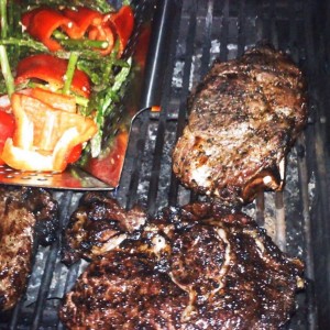 Grilled asparagus, red peppers and tomatoes with my ribeyes.