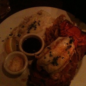 10oz Prime Rib, roasted red pepper and garlic mashed, lobster tail and the 