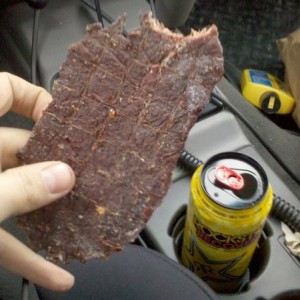 Beef jerky and rockstar lemonage mmmmmmm