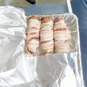 Bacon wrapped, ground beef hot dogs. :drool: