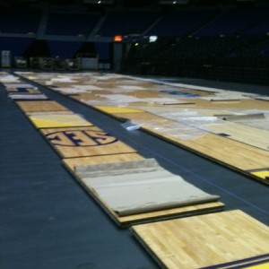 picking up the LSU basketball floor.