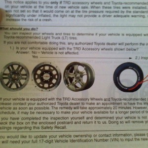 Recall on TRD accessory wheels for the tire pressure monitoring system. Onl