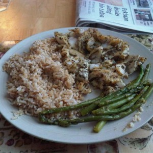 Teriyaki rice, pan fried haddock, green stuff