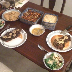 Jen made fruit salad w apricot dressing, artichoke dip, baked sweet potatoe