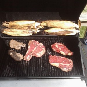 T-bone, 2 rib eye, 2 fillets and corn