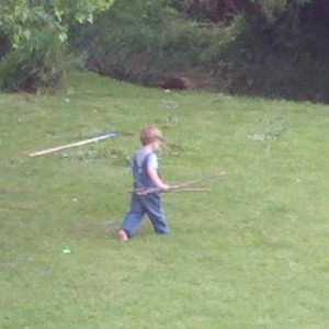 My boy picking up some twigs and branches after the big winds. He is a grea