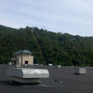 1/2 the roof of where I work with mountains over Gatlinburg.