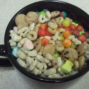 Rep for the first person to name all four cereals in my cup. Name brands so